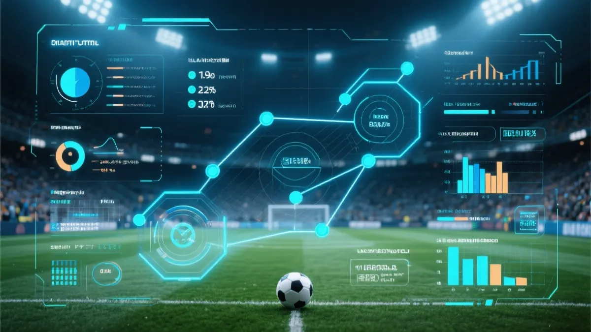 实时数据可视化叠加在足球比赛画面上的幕后制作概念图
