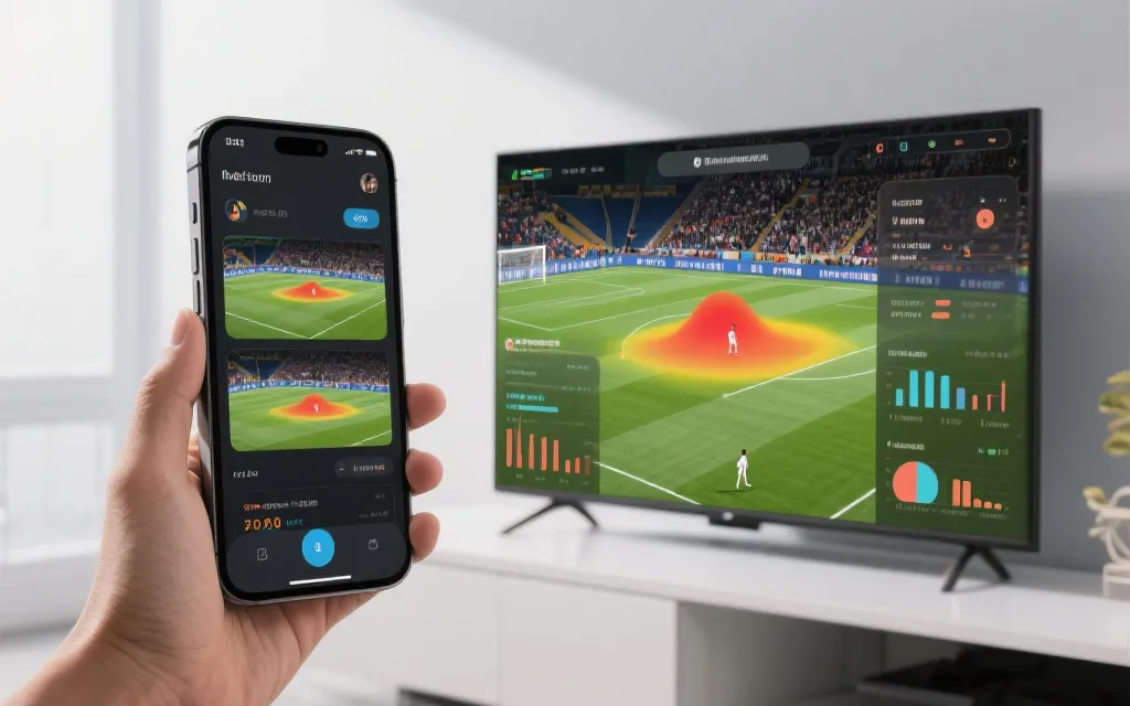 手机与电视同屏播放足球比赛，多视角分屏界面、数据叠层与热区图的概念画面